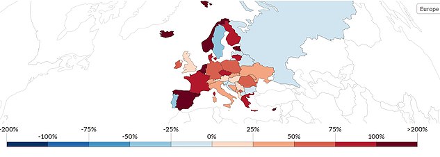 تُظهر الخريطة التي تصدر كل أسبوعين كيف أبلغت معظم الدول في أوروبا عن زيادة تتراوح بين 25 و 200 في المائة في الحالات في الأسبوعين الماضيين
