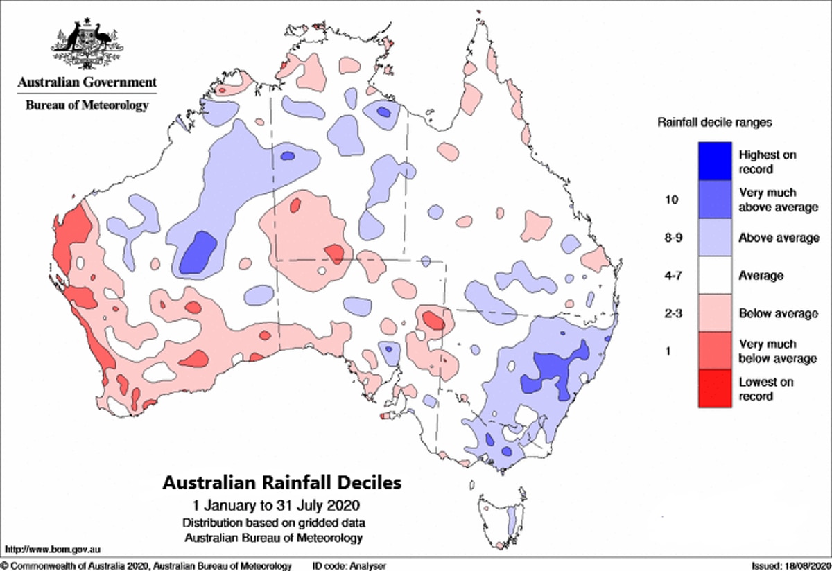 تساقط الأمطار العشرية من 1 يناير 2020 إلى 31 يوليو 2020 ، مما يُظهر تأثير هطول الأمطار الأخير في جميع أنحاء أستراليا. 