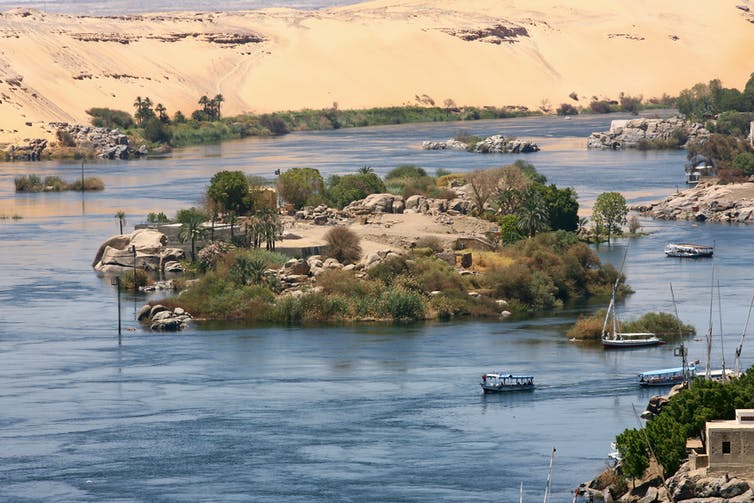 جزيرة على نهر النيل بها نخيل ومراكب.