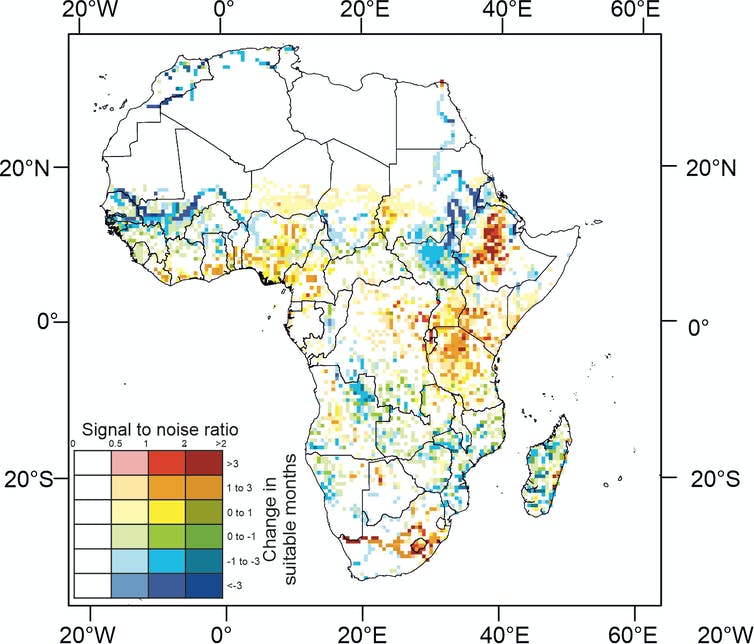 خريطة لأفريقيا تظهر الملاريا في المستقبل الملاءمة المائية والمناخية.