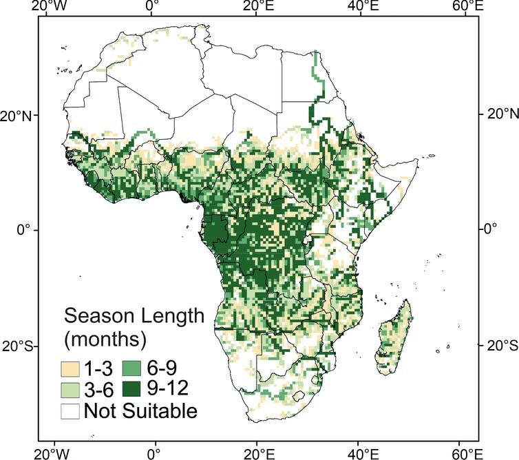 خريطة لأفريقيا تظهر الملاريا المناخية الحالية الملائمة.