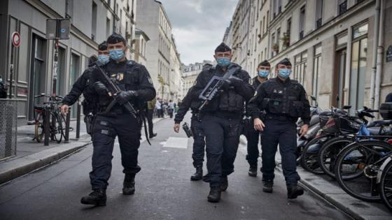 PARIS, FRANCE - SEPTEMBER 25: Armed police secure the area of around the former Charlie Hebdo headquarters, and scene of a previous terrorist attack in 2015, after two people were stabbed on September 25, 2020 in Paris, France. French National Anti-terrorist Prosecutor's office have opened an investigation into the attempted murder in association with terrorism following the attack. (Photo by Kiran Ridley/Getty Images)